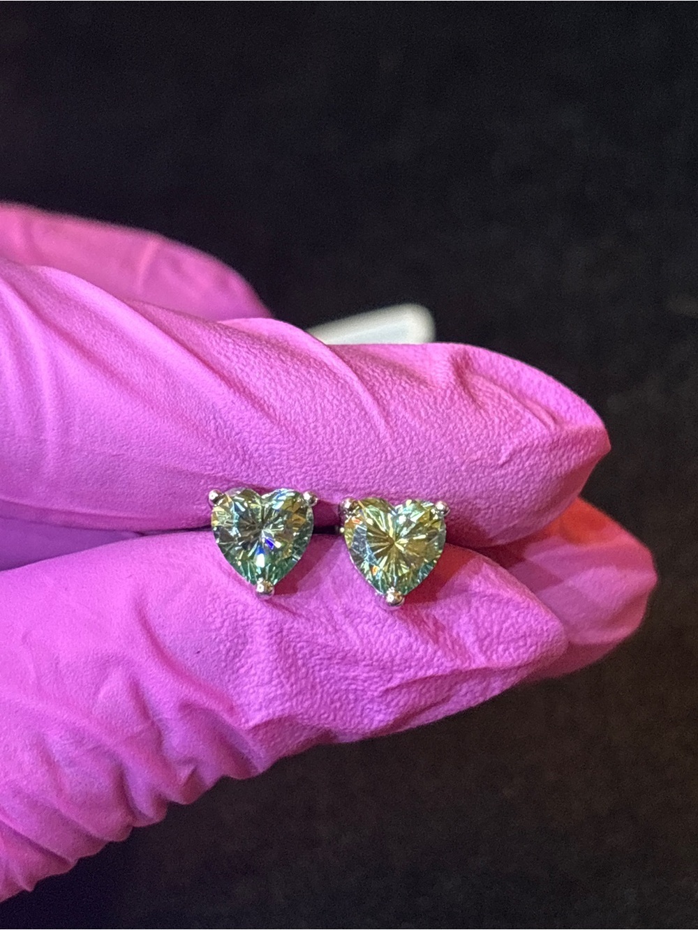 .925 Sterling Silver 2ct. VVS Green Moissanite Heart Solitaire Studs - Picture 4 of 9